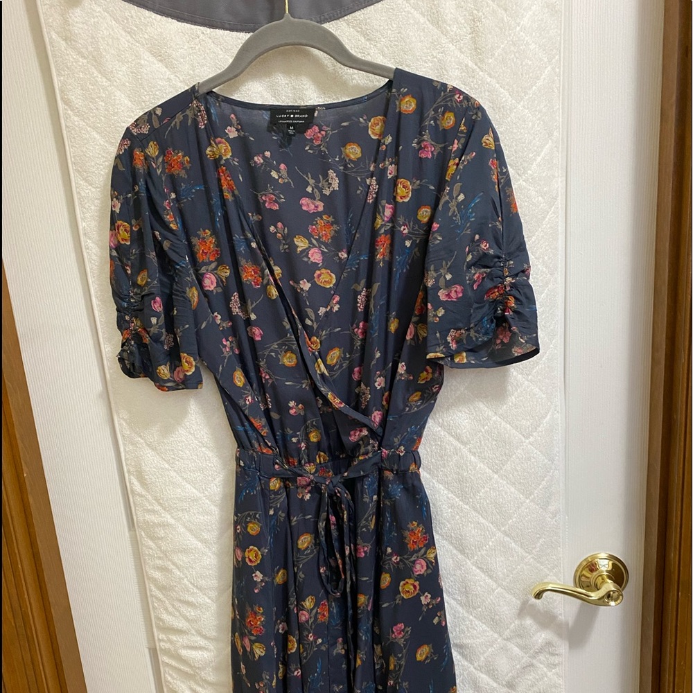 Lucky Brand Boho Grayish Blue Print Dress Size Medium